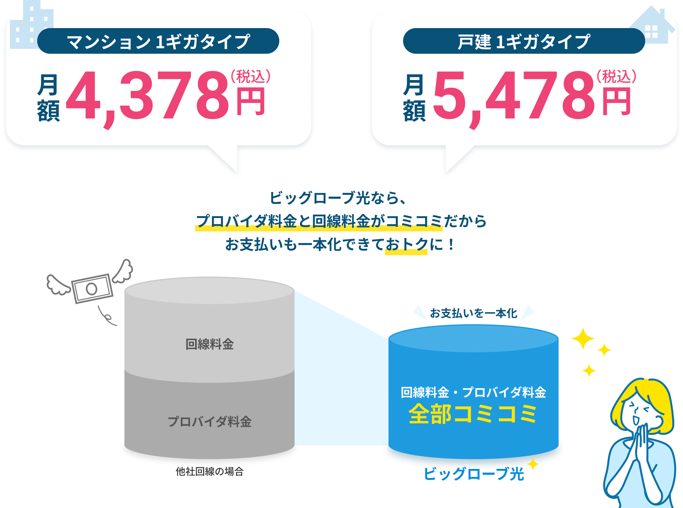 マンション 1ギガタイプ 税込月額4,378円。 戸建 1ギガタイプ 税込月額5,478円。ビッグローブ光なら、プロバイダ料金と回線料金がコミコミだからお支払いも一本化できておトクに!