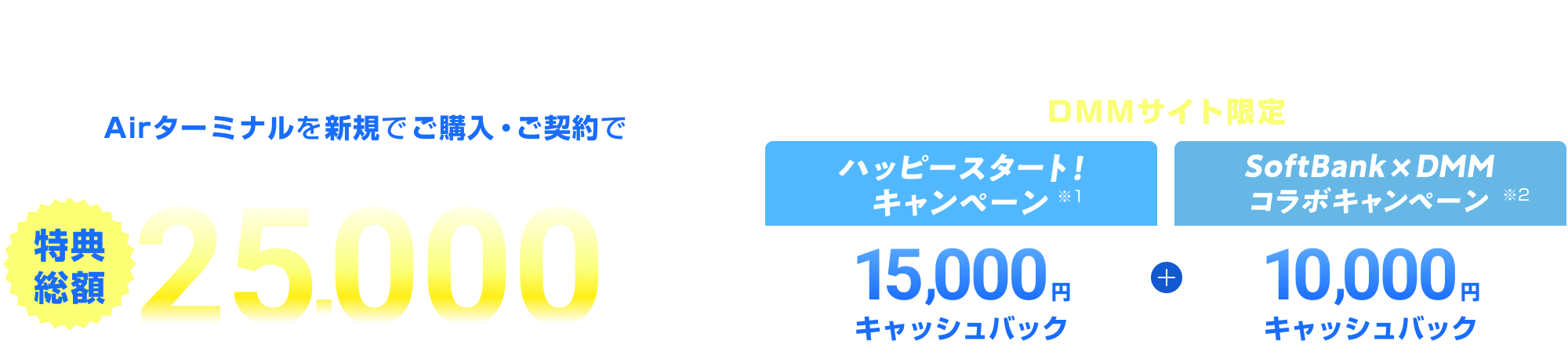 SoftBank × DMM コラボキャンペーン。Airターミナルを新規でご購入・ご契約で特典総額25,000円相当。DMMサイト限定、ハッピースタートキャンペーン 15,000円キャッシュバック + SoftBank × DMM コラボキャンペーン 10,000円キャッシュバック