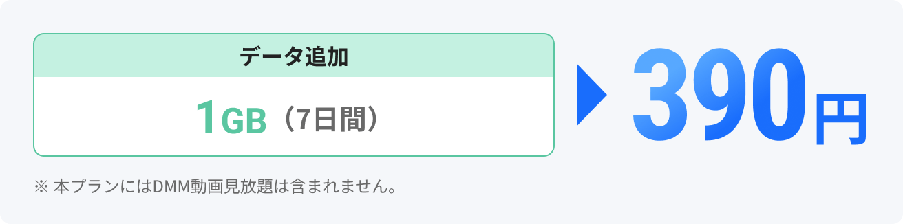 データ追加1GB（7日間）390円 ※本プランにはDMM動画見放題は含まれません。