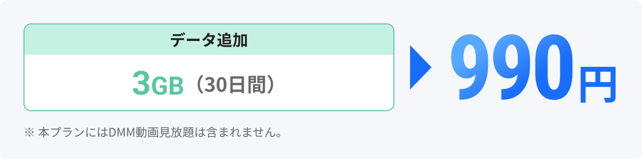 データ追加3GB（30日間）990円 ※本プランにはDMM動画見放題は含まれません。