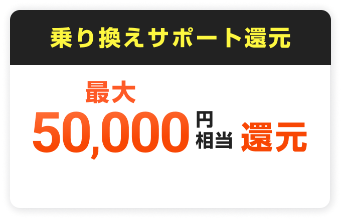 乗り換えサポート還元。最大50,000円相当還元