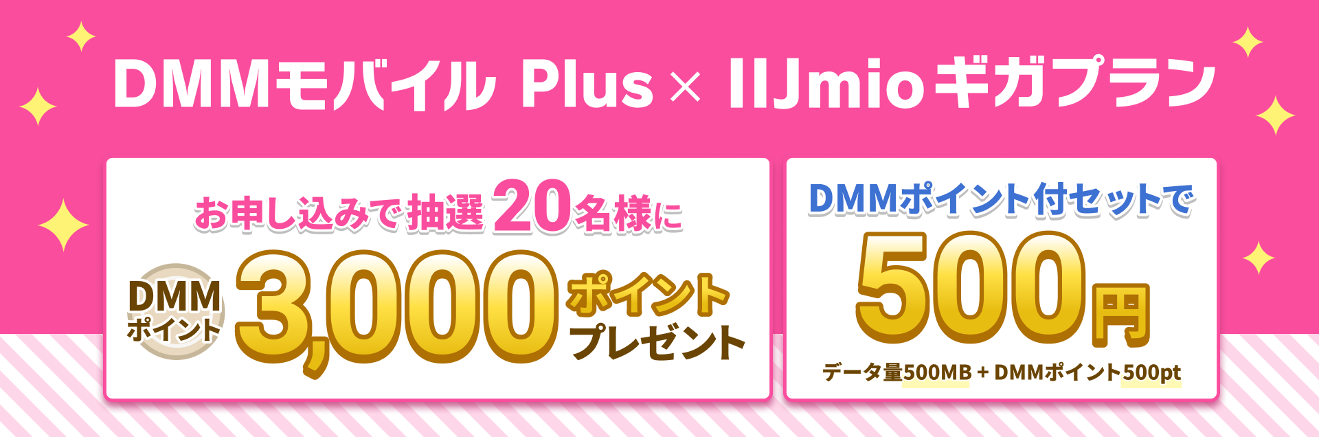 DMMモバイル Plus × IIJmioギガプラン。お申し込みで抽選20名様にDMMポイント3,000ポイントプレゼント。DMMポイント付セットで500円。データ量500MB + DMMポイント500pt